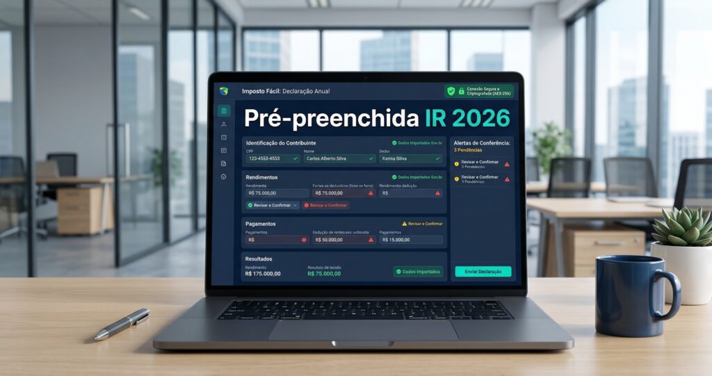 Declaração pré-preenchida IR 2026 em painel digital