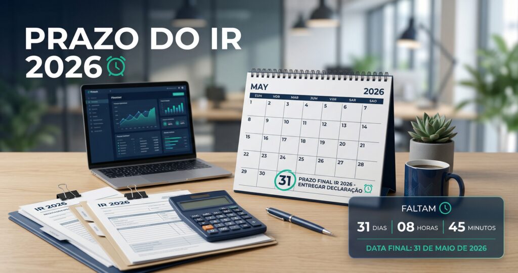 Prazo do Imposto de Renda 2026 com calendário, notebook e documentos fiscais